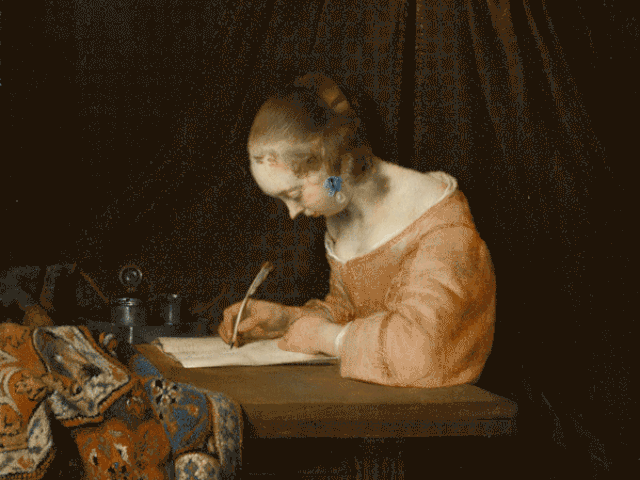 Looped animation of a woman writing in classical painting style, by Marta Stankevica